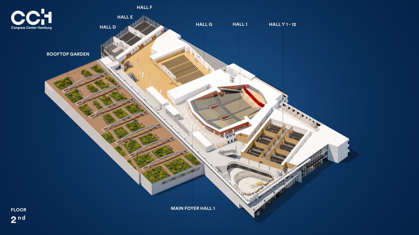 Perspective 3D render of a convention center with angled walls, shadows, and overlapping spaces
